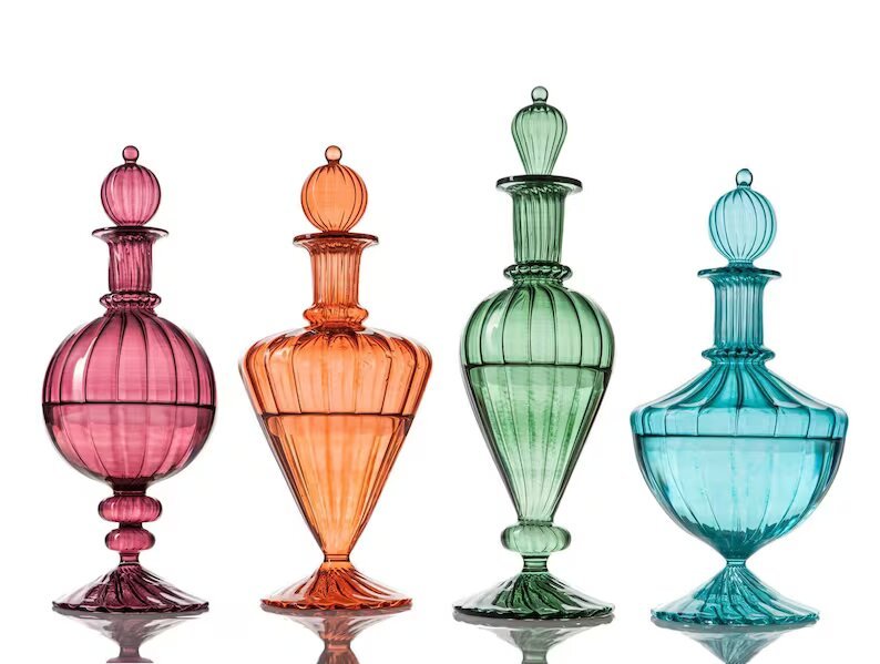 Hand crafted Set of 4 Vintage Glass Perfume Bottles in Vibrant Colors | Les Trois Pyramides