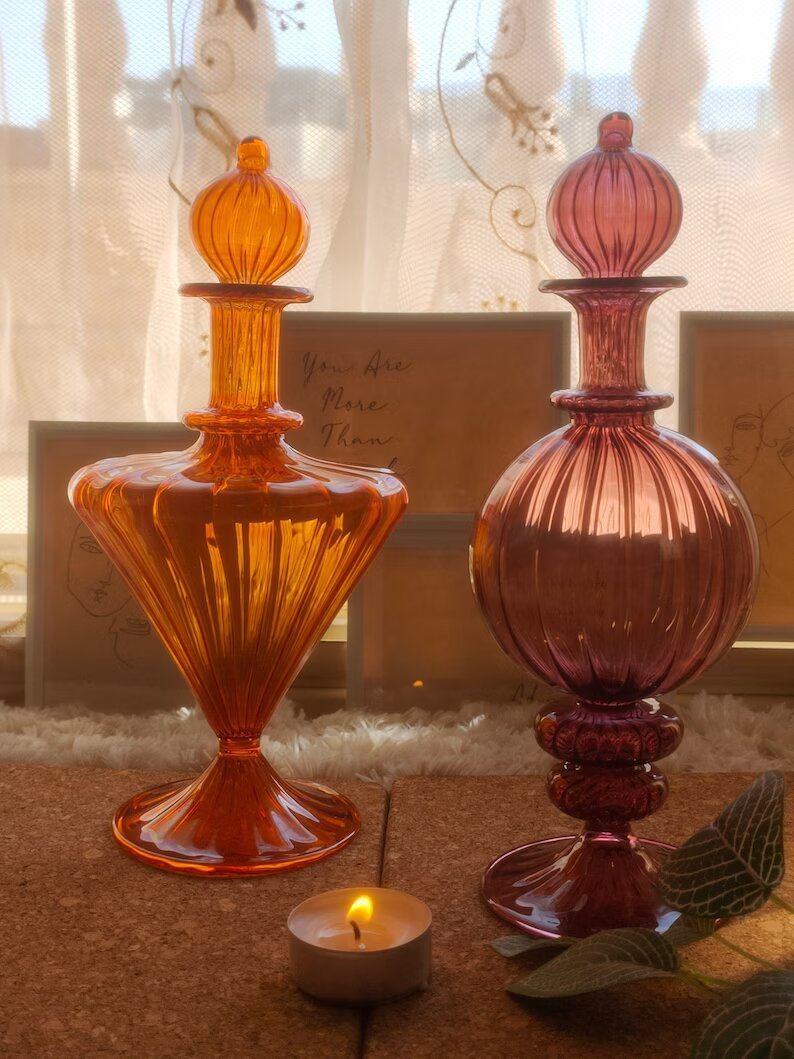 Hand crafted Set of 4 Vintage Glass Perfume Bottles in Vibrant Colors | Les Trois Pyramides