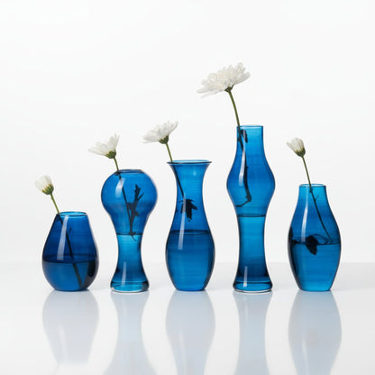 Set of 5 Hand-Blown Blue Glass Vases – Modern Minimalist Collection for Home Decor