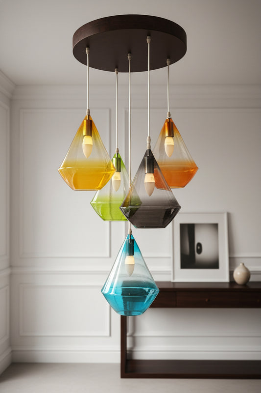 Set of 5 Multicolored Hand Blown Glass Pendant - Les Trois Pyramides