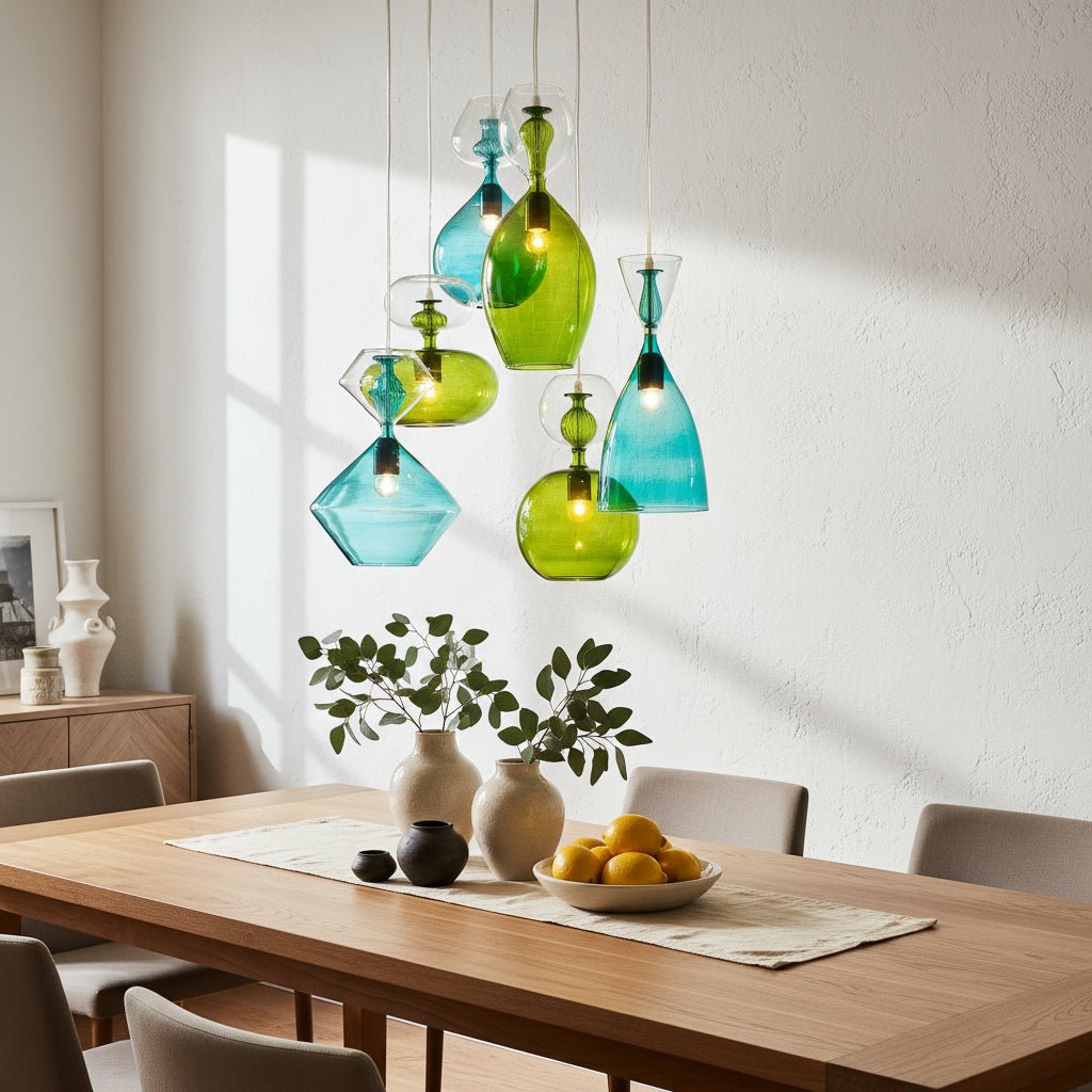 Set of 6 Hand-Blown Glass Pendant Lights – Blue & Green Mixed Shapes