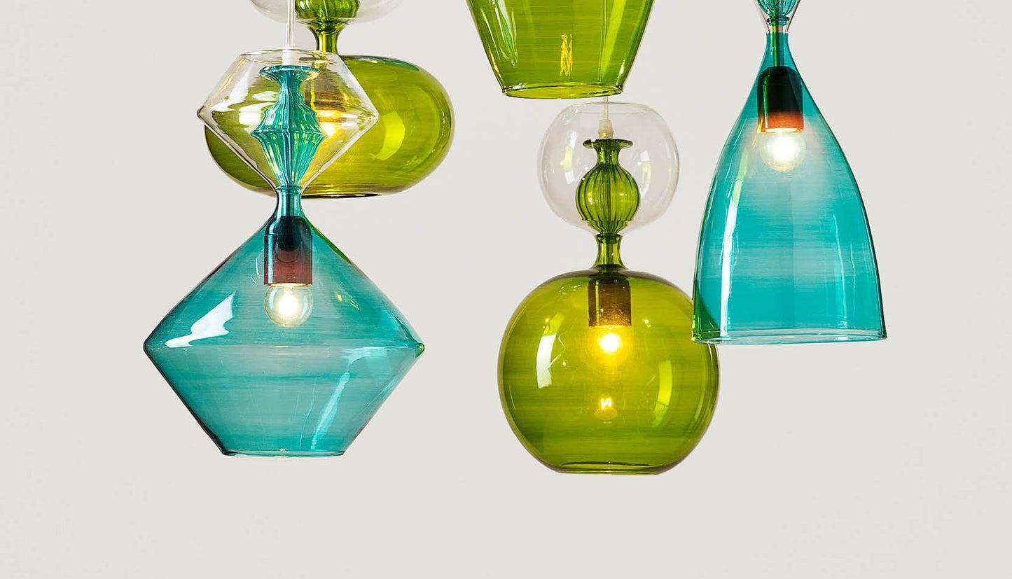 Set of 6 Light pendants In Green and Blue Hues - Les Trois Pyramides