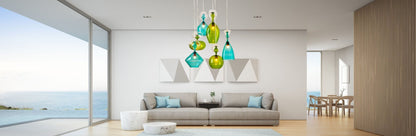 Set of 6 Light pendants In Green and Blue Hues - Les Trois Pyramides