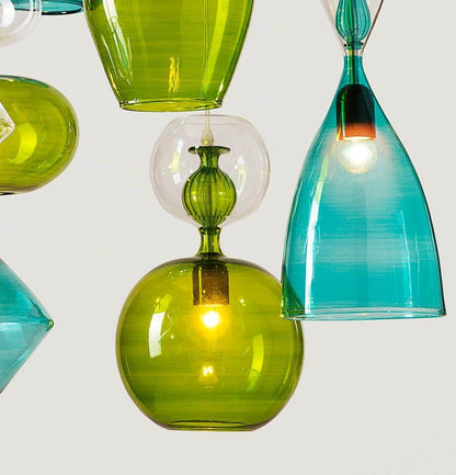 Set of 6 Light pendants In Green and Blue Hues - Les Trois Pyramides