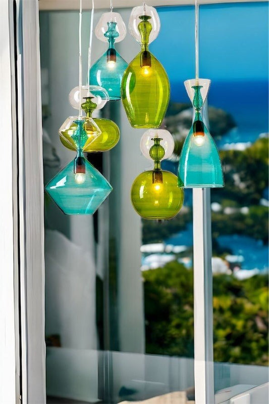 Set of 6 Light pendants In Green and Blue Hues - Les Trois Pyramides