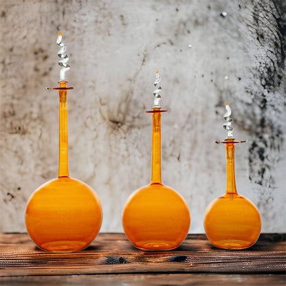 Set of Amber Handcrafted Glass Bottles with Decorative Spiral Stoppers - Les Trois Pyramides