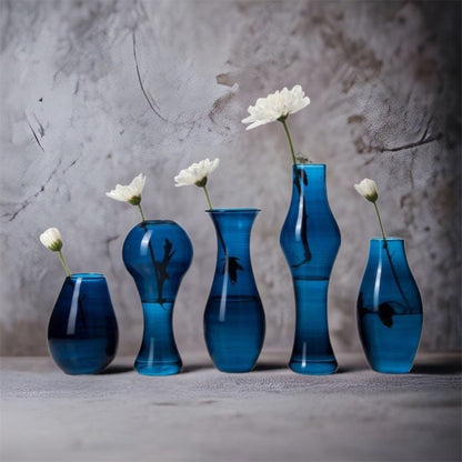 Set of 5 Different Blue Hued Beautiful Vases Blown Glass Different Taste of Art Gift for Her - Les Trois Pyramides