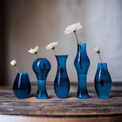 Set of 5 Different Blue Hued Beautiful Vases Blown Glass Different Taste of Art Gift for Her - Les Trois Pyramides