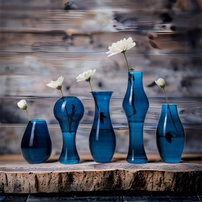 Set of 5 Different Blue Hued Beautiful Vases Blown Glass Different Taste of Art Gift for Her - Les Trois Pyramides