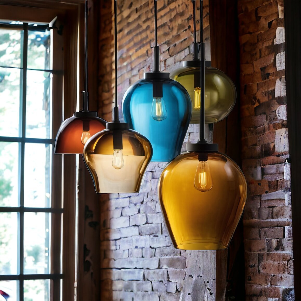 Set of Five Hanging Lights over Bar