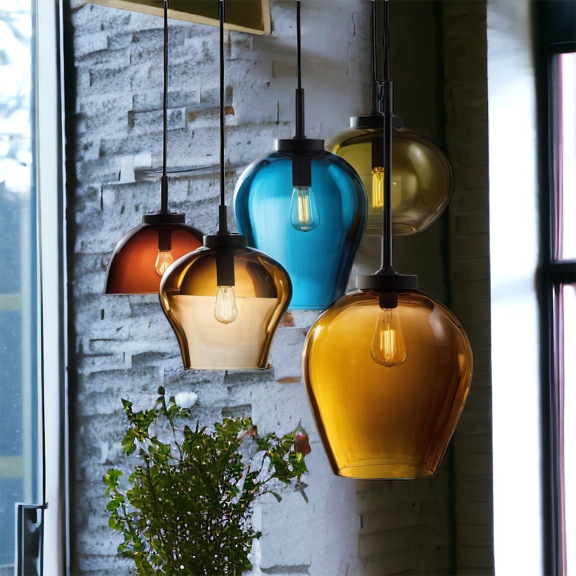 Set of Five Hanging Lights over Bar