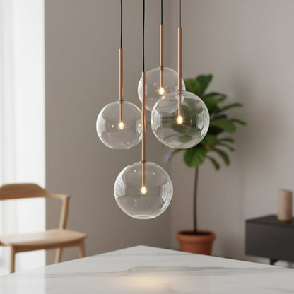Set of four blown glass pendant lights with copper rods for Living Room