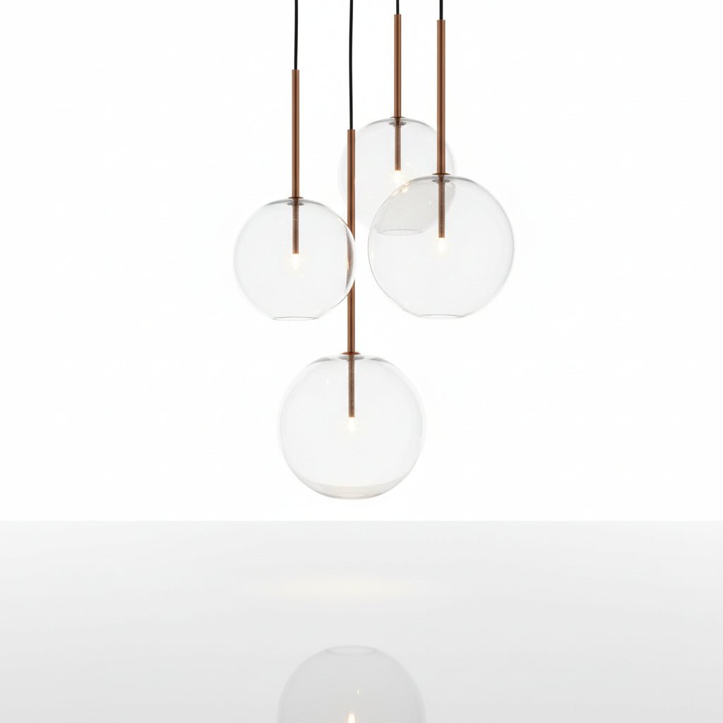 Set of four blown glass pendant lights with copper rods for Living Room