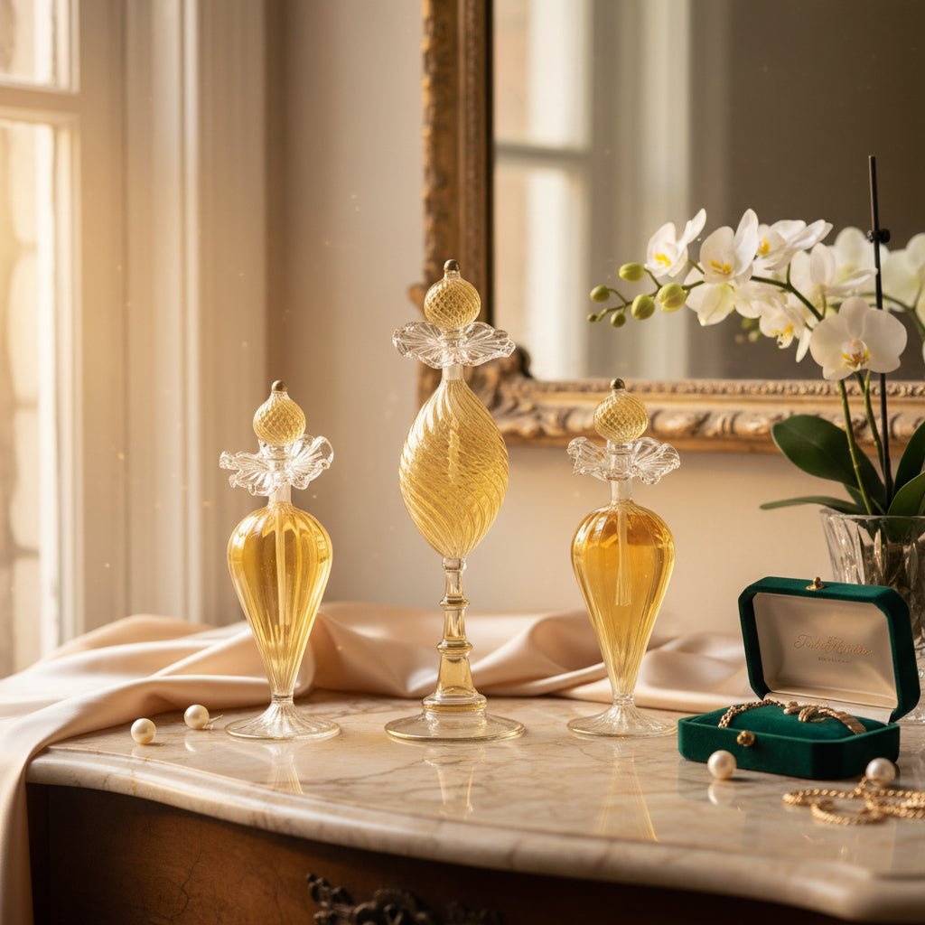 Set of Three Hand-Blown Glass Bottles for Perfume & Oils - Golden Amber Design