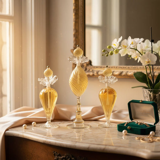 Set of Three Hand-Blown Glass Bottles for Perfume & Oils - Golden Amber Design