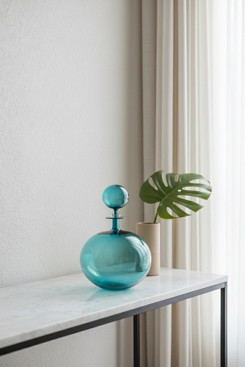 Colorful glass vases on a table with a textured wall in the background
