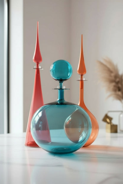 Decorative glass bottles with a blue and pink design on a white surface.