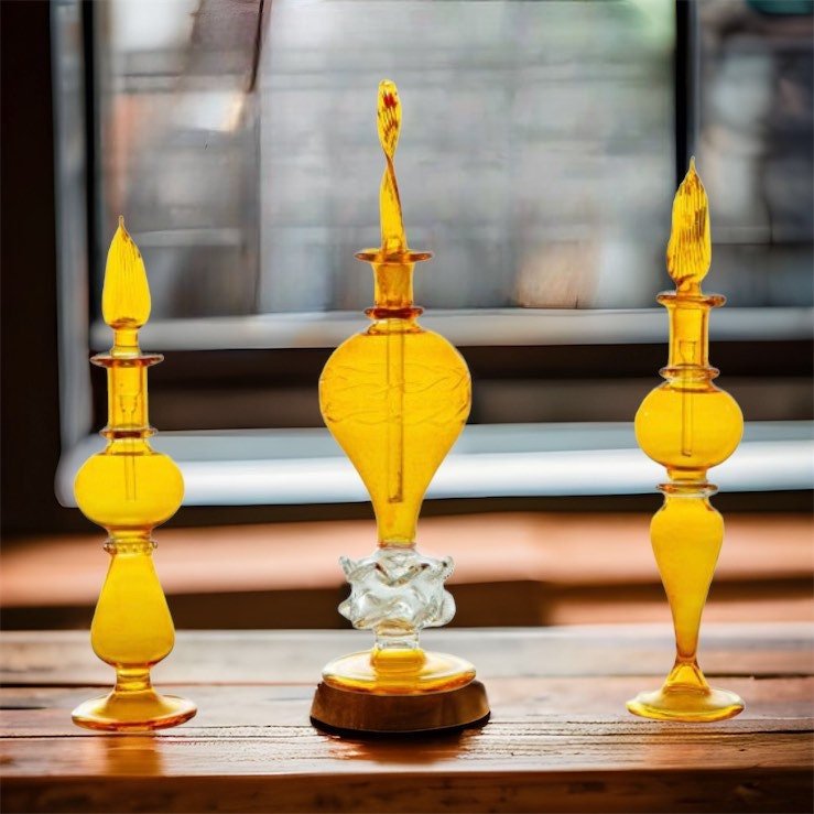 Set of Three Hand Blown Glass Perfume Bottles - Les Trois Pyramides