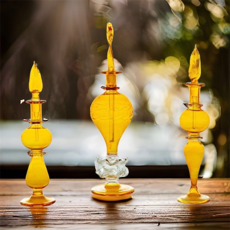 Set of Three Hand Blown Glass Perfume Bottles - Les Trois Pyramides