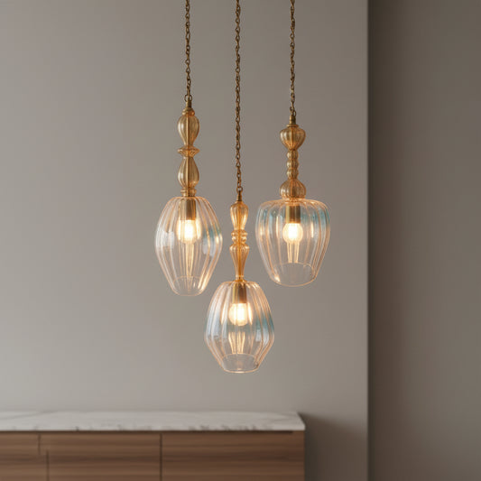 Set of Three Soft Gold and Crystal Hand Blown Glass Pendant Lights - Les Trois Pyramides