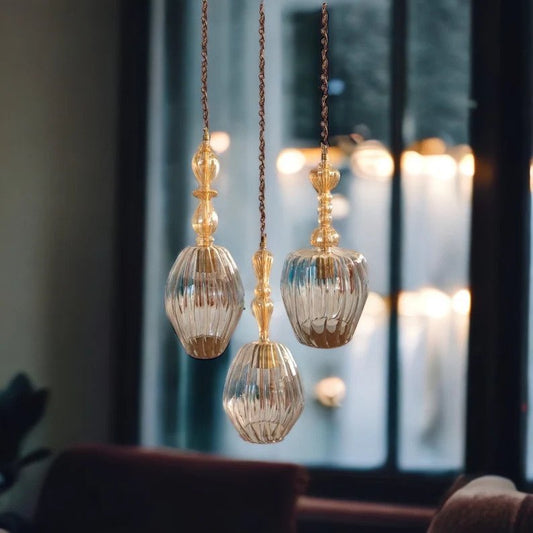 Set of Three Soft Gold and Crystal Hand Blown Glass Pendant Lights - Les Trois Pyramides