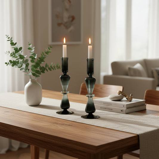Set of Two Black Candle Stick Holders - Les Trois Pyramides