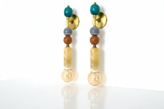 Set of Two Handmade Brass finish sconce lighting with Marble Gemstones