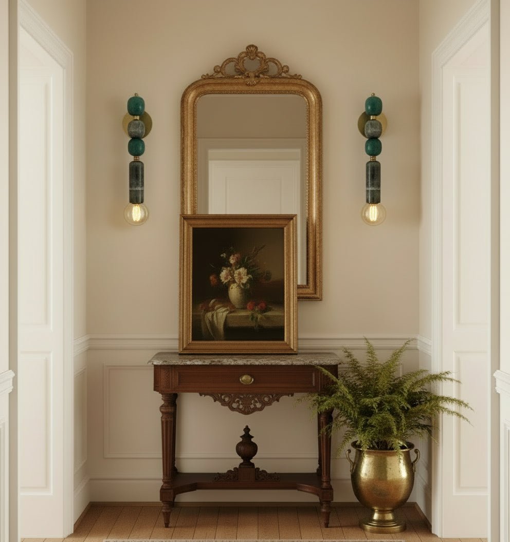 Set of Two Handmade Brass finish sconce lighting with Marble Gemstones