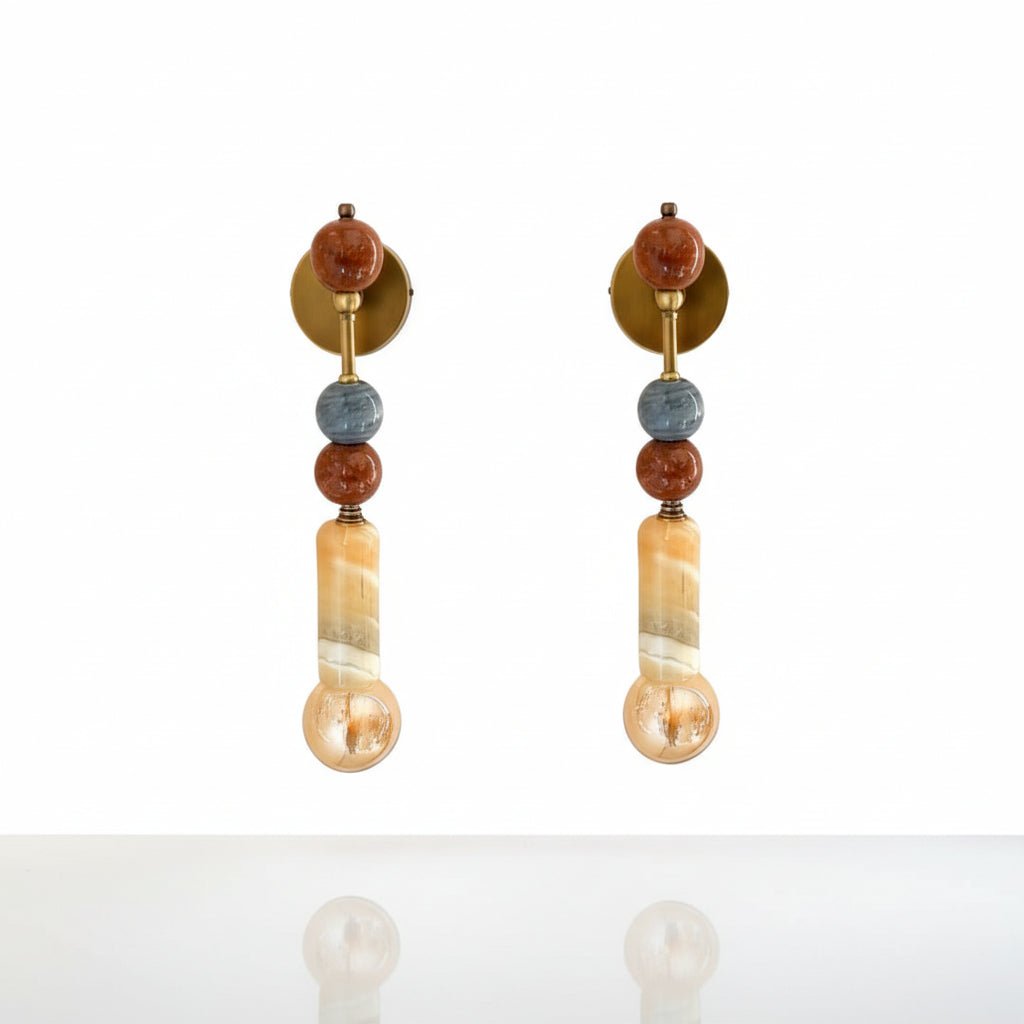 Set of Two Handmade Brass finish sconce lighting with Marble Gemstones