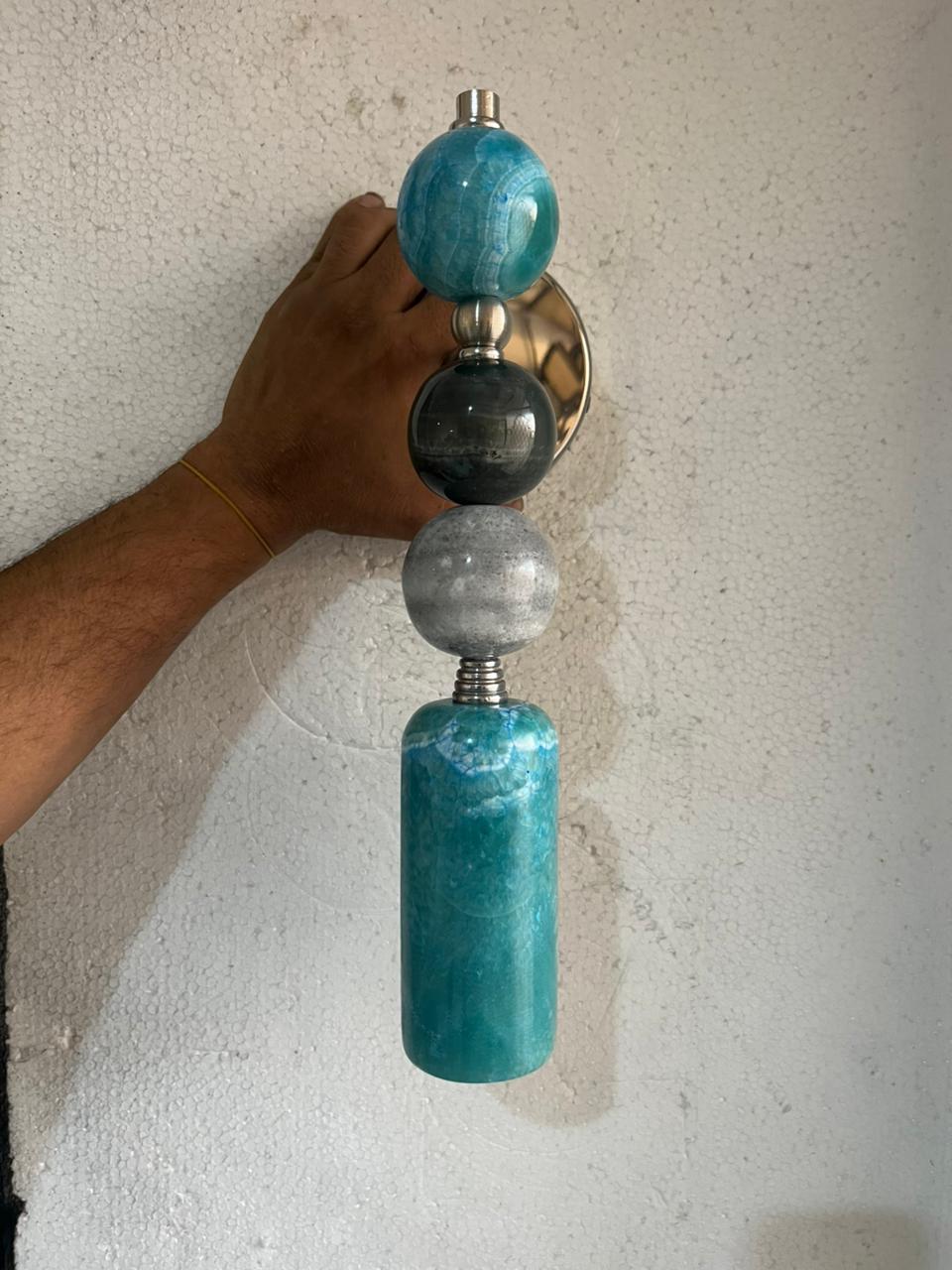Set of Two Handmade Brass finish sconce lighting with Turquoise and Grey Marble Gemstones | Custom made | Les Trois Pyramides