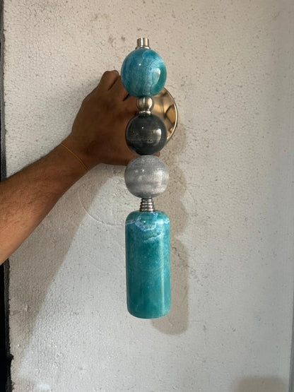 Set of Two Handmade Brass finish sconce lighting with Turquoise and Grey Marble Gemstones | Custom made | Les Trois Pyramides