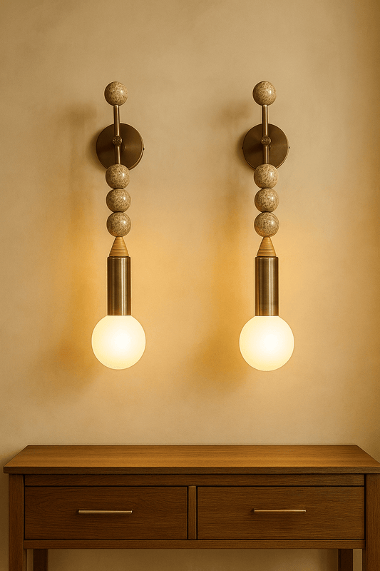 Set of Two Handmade Dark Bronze finish sconce lighting with Brown Marble Gemstones - Custom Design | Les Trois Pyramides