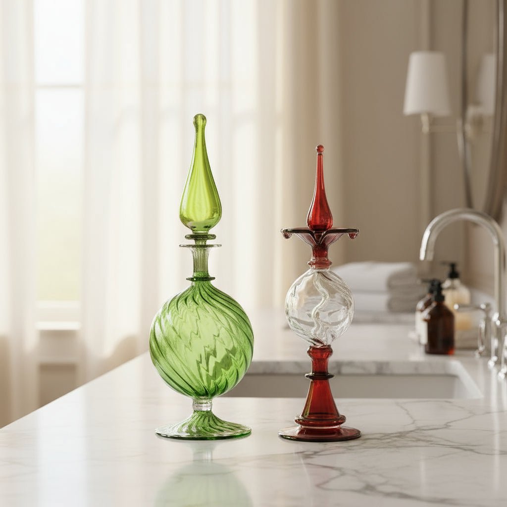 Set of Two Handmade Glass Bottles – For Perfume, Essential Oils, and Decoration