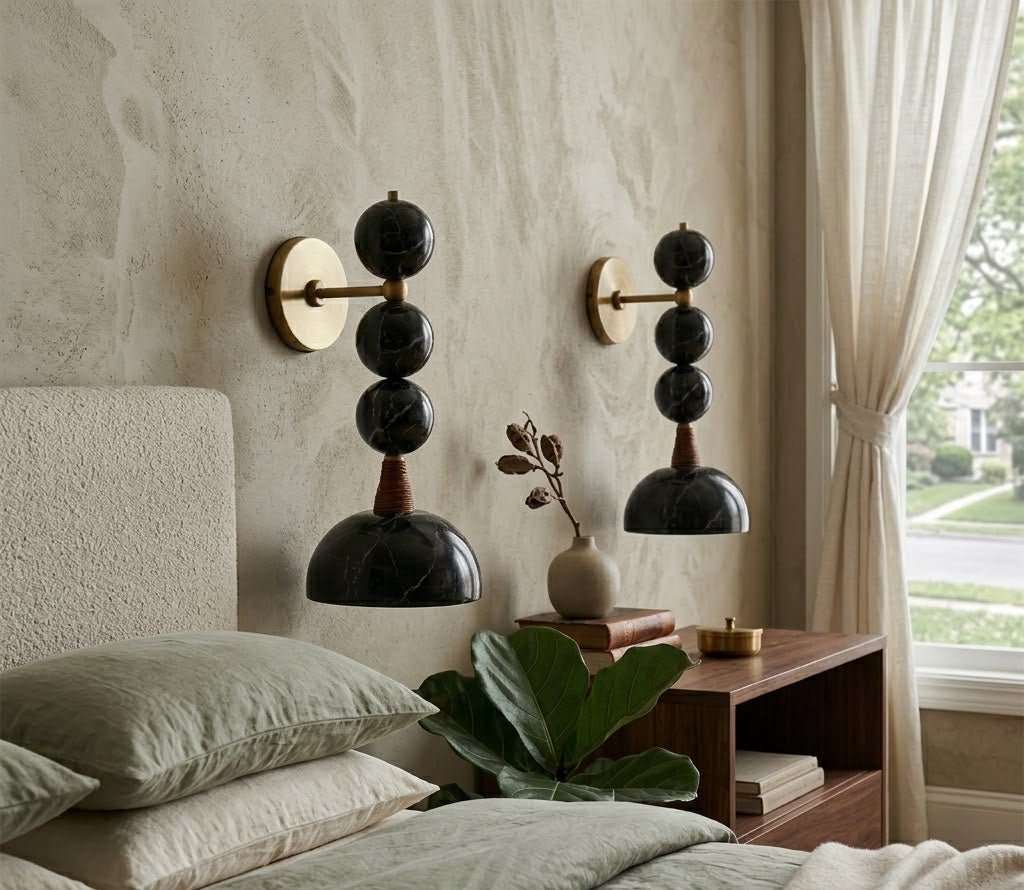Set of Two Handmade Marble Wall Sconces - Brass & Black Marquina Marble - Les Trois Pyramides