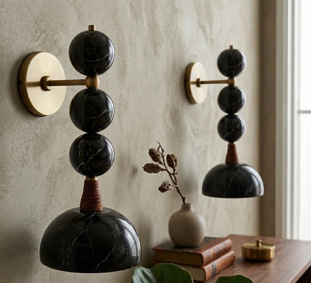 Set of Two Handmade Marble Wall Sconces - Brass & Black Marquina Marble - Les Trois Pyramides