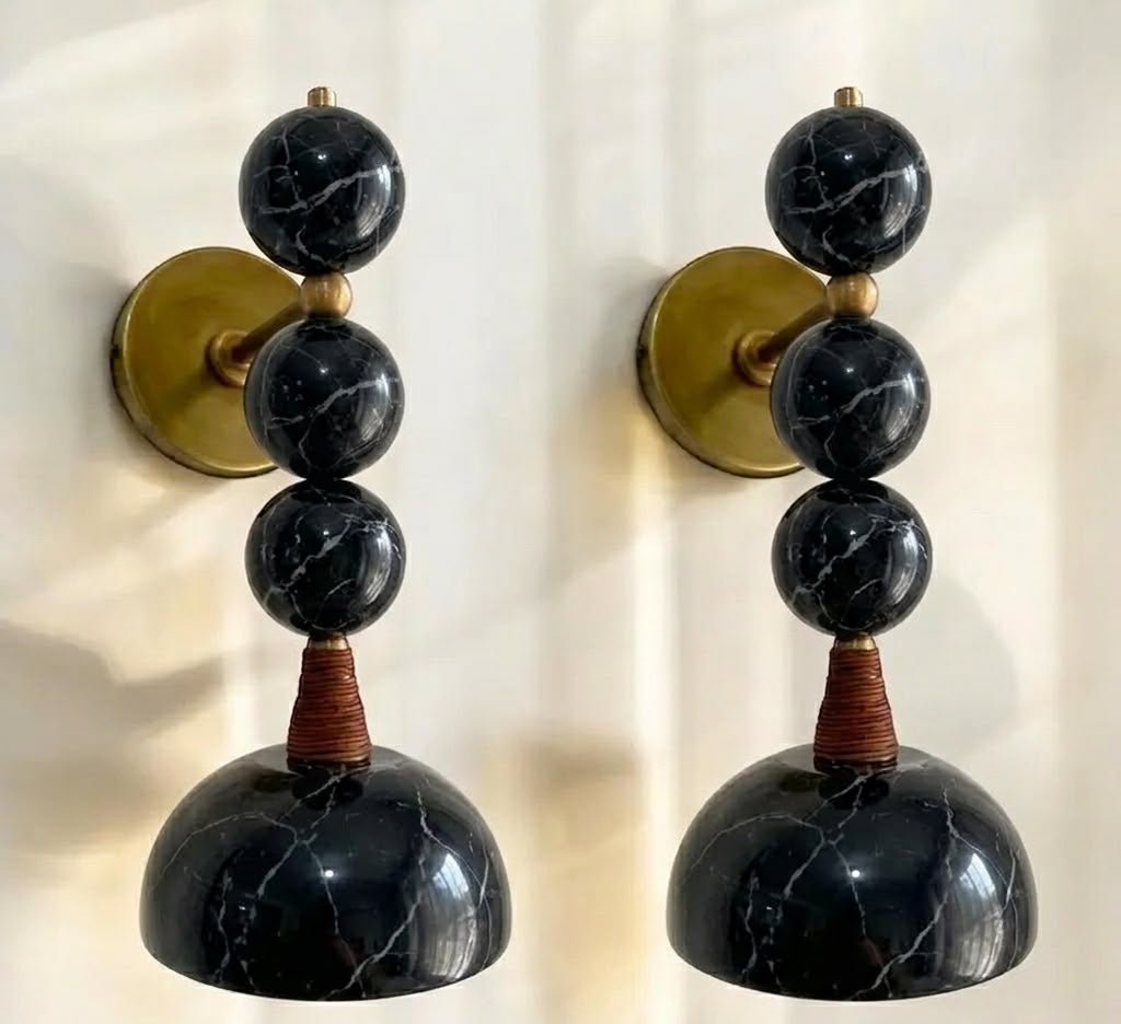 Set of Two Handmade Marble Wall Sconces - Brass & Black Marquina Marble - Les Trois Pyramides