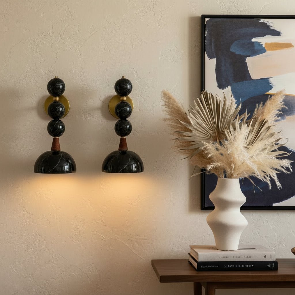 Set of Two Handmade Marble Wall Sconces - Brass & Black Marquina Marble - Les Trois Pyramides