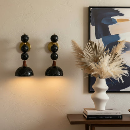 Set of Two Handmade Marble Wall Sconces - Brass & Black Marquina Marble - Les Trois Pyramides