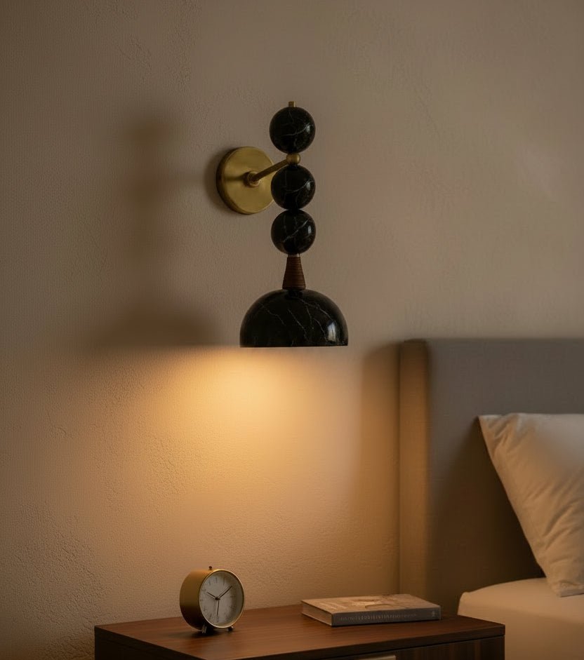 Set of Two Handmade Marble Wall Sconces - Brass & Black Marquina Marble - Les Trois Pyramides