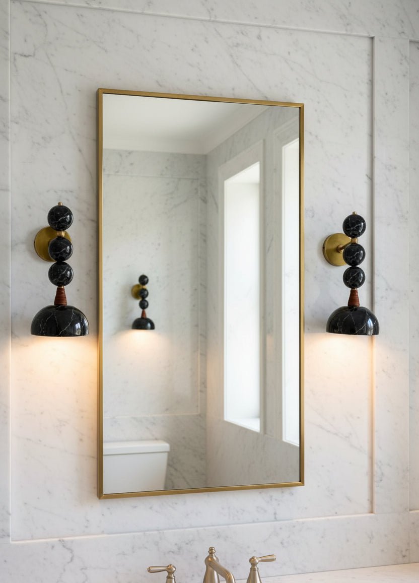 Set of Two Handmade Marble Wall Sconces - Brass & Black Marquina Marble - Les Trois Pyramides
