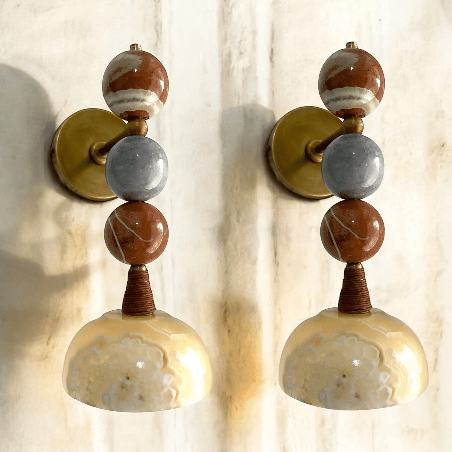 Set of Two Handmade Marble Wall Sconces - Brass & Natural Stone Wall Light