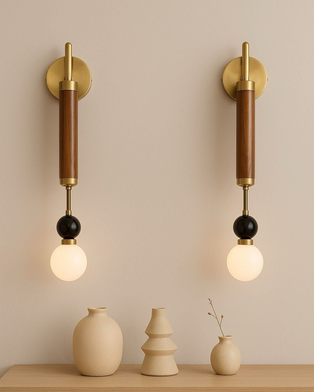 Set of Two Mid-Century Modern Wall Sconces – Brass & Wood Wall Lights