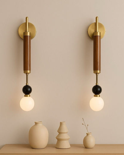 Set of Two Mid-Century Modern Wall Sconces – Brass & Wood Wall Lights
