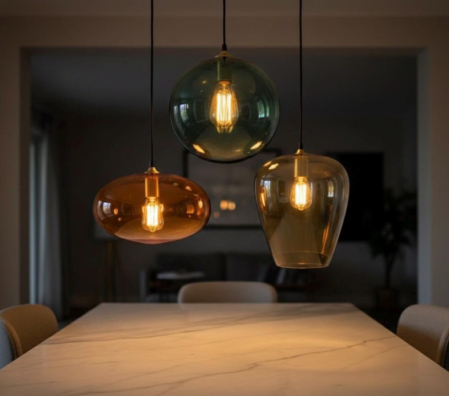 Three pendant lights hanging above a dining table | Les Trois Pyramides.
