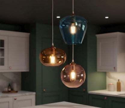Set of three blown glass light pendants for kitchen decor | Les Trois Pyramides.