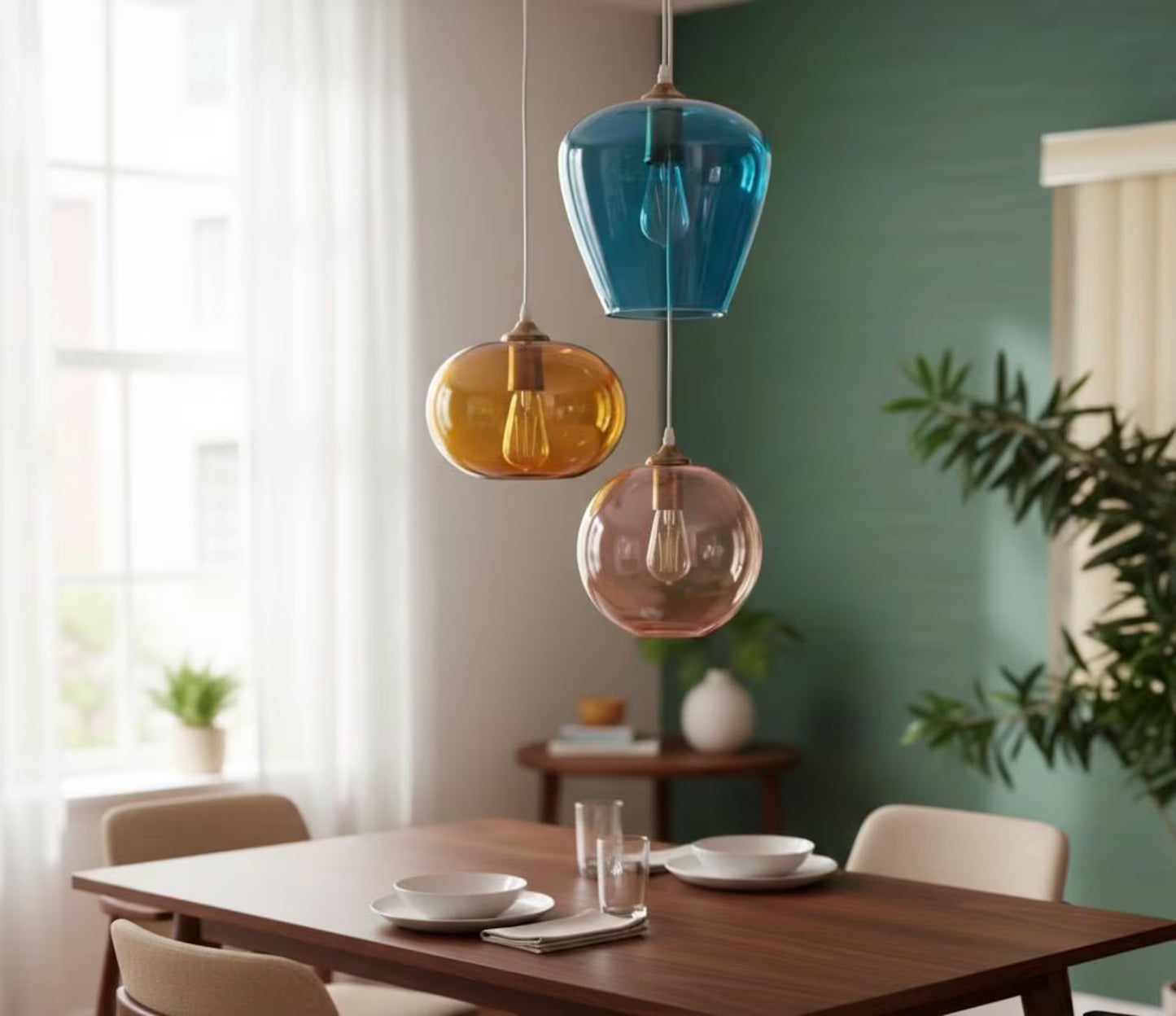 Set of three blown glass light pendants for dining table decor | Les Trois Pyramides.
