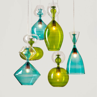 Set of 6 Light pendants In Green and Blue Hues - Les Trois Pyramides