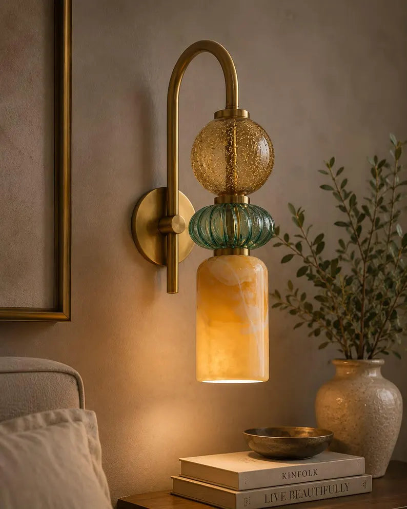Handmade Marble & Blown Glass Wall Sconce - Murano Style Wall Light - Brass Vanity Light - Art Deco Sconce - Bathroom Light - Bedside Lamp | Les Trois Pyramides
