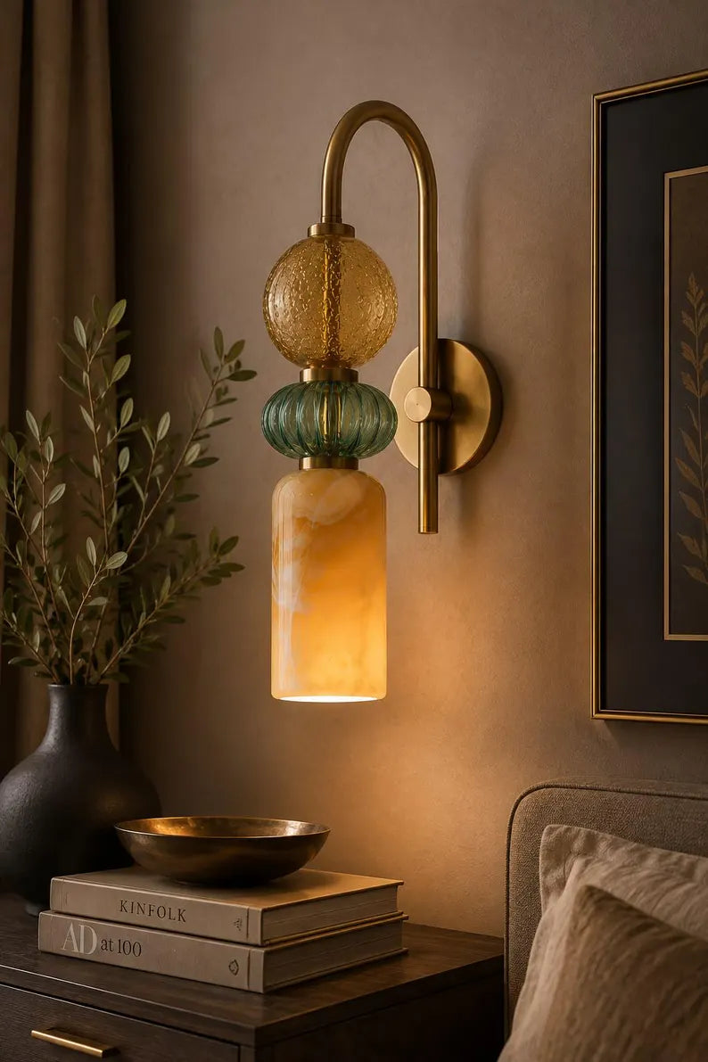 Handmade Marble & Blown Glass Wall Sconce - Murano Style Wall Light - Brass Vanity Light - Art Deco Sconce - Bathroom Light - Bedside Lamp | Les Trois Pyramides