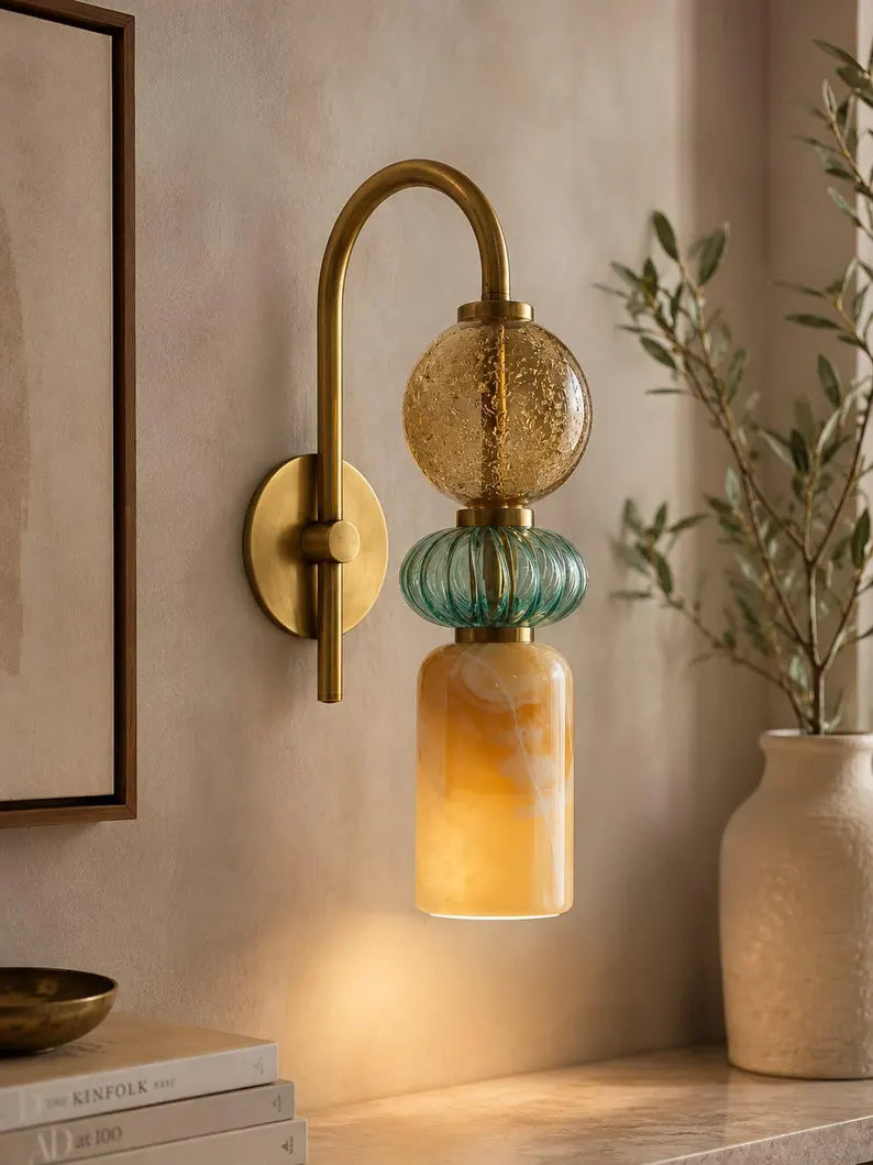 Handmade Marble & Blown Glass Wall Sconce - Murano Style Wall Light - Brass Vanity Light - Art Deco Sconce - Bathroom Light - Bedside Lamp | Les Trois Pyramides